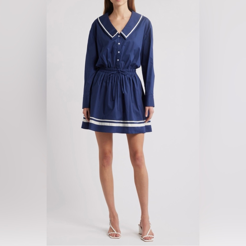 Charles Henry Border Print Long Sleeve Stretch Cotton Dress in Navy